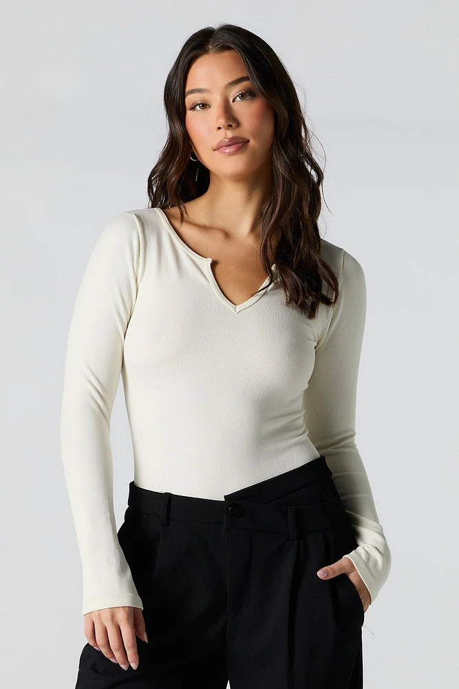 Ribbed Notched Long Sleeve Bodysuit