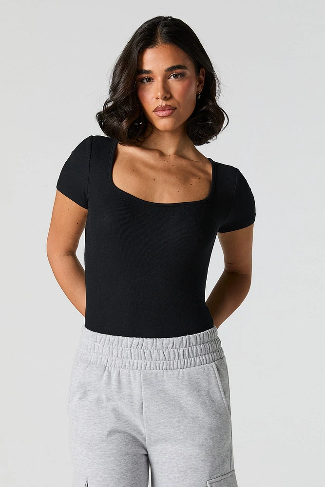 Ribbed Square Neck Short Sleeve Bodysuit