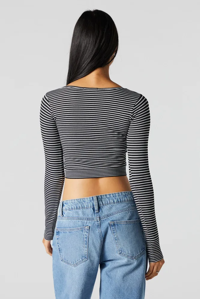 Thin Striped Cinched Sweetheart Long Sleeve Top