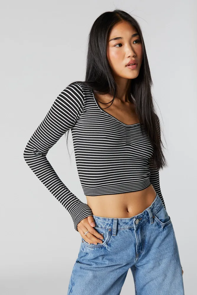 Thin Striped Cinched Sweetheart Long Sleeve Top