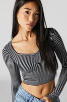 Thin Striped Cinched Sweetheart Long Sleeve Top