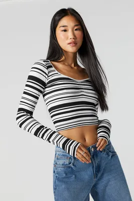 Striped Cinched Sweetheart Long Sleeve Top