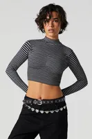 Striped Mock Neck Long Sleeve Crop Top