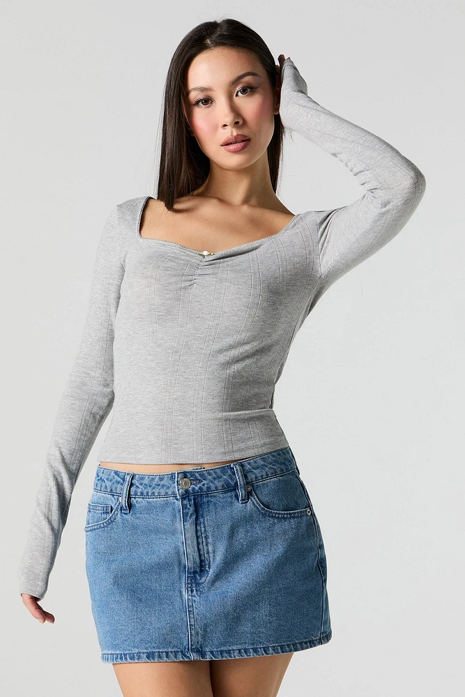 Rosette Pointelle Knit Long Sleeve Top