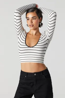 Striped Ribbed V-Neck Long Sleeve Top