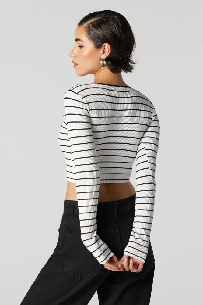 Striped Ribbed V-Neck Long Sleeve Top