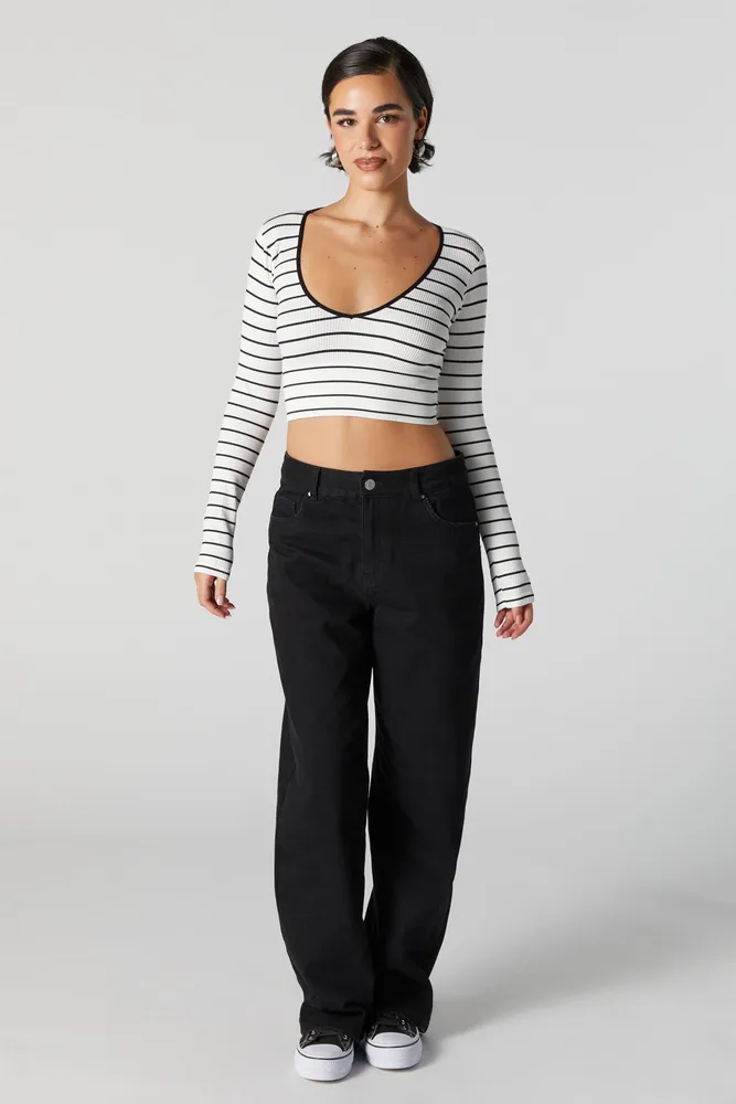 Striped Ribbed V-Neck Long Sleeve Top