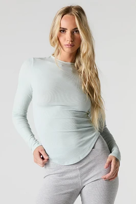 Ribbed Curved Hem Long Sleeve Top