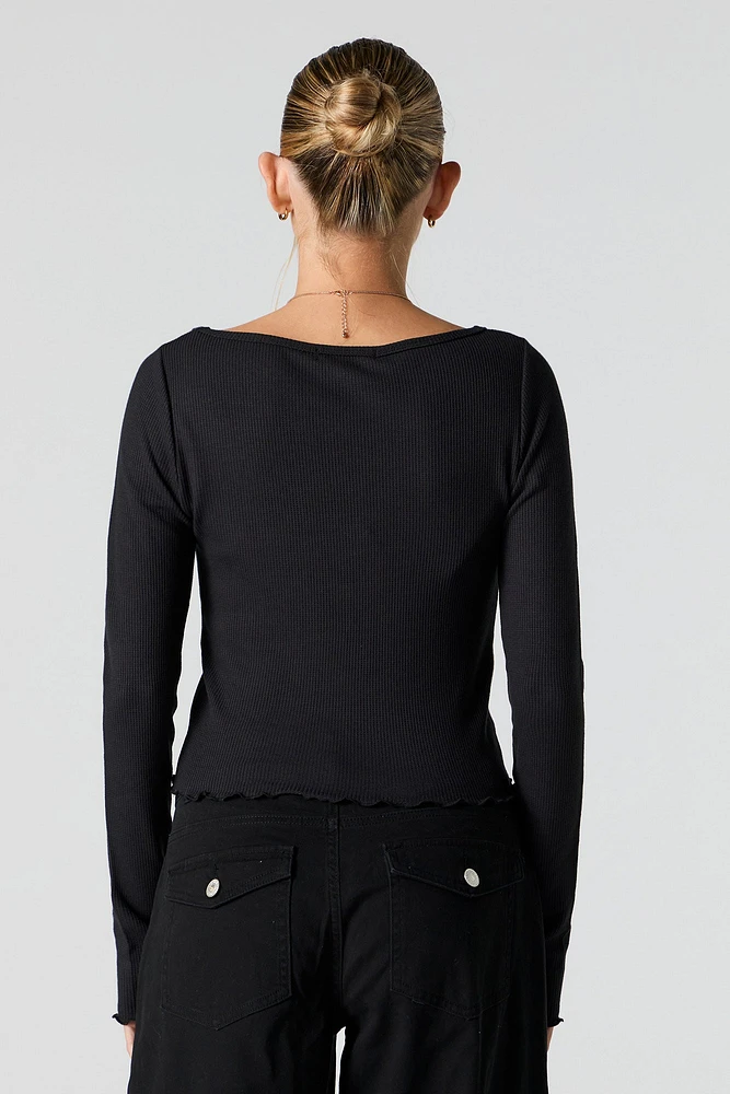 Scoop Neck Waffle Knit Long Sleeve Top