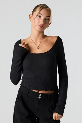 Scoop Neck Waffle Knit Long Sleeve Top