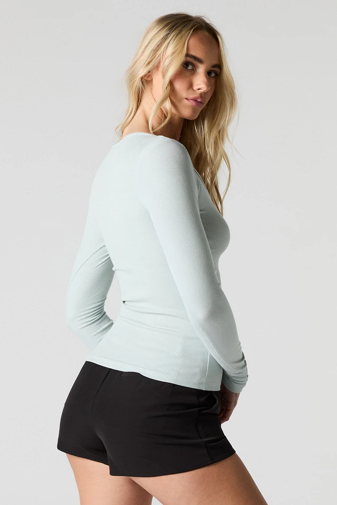 Ribbed Notched Long Sleeve Top