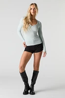 Ribbed Notched Long Sleeve Top