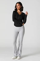 Ribbed Henley Curved Hem Long Sleeve Top