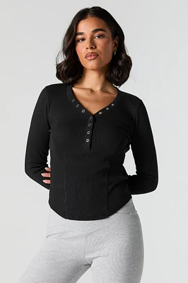 Ribbed Henley Curved Hem Long Sleeve Top