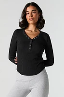 Ribbed Henley Curved Hem Long Sleeve Top