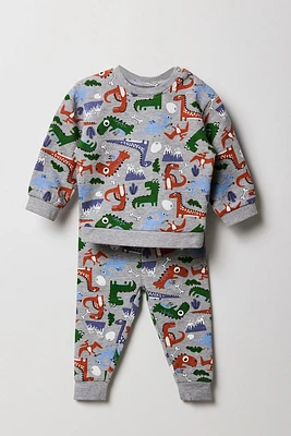 Baby Dino Print Fleece Sweatshirt & Jogger 2 Piece Set