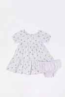 Baby Floral Print Short Sleeve Dress and Underwear (2 Piece Set)