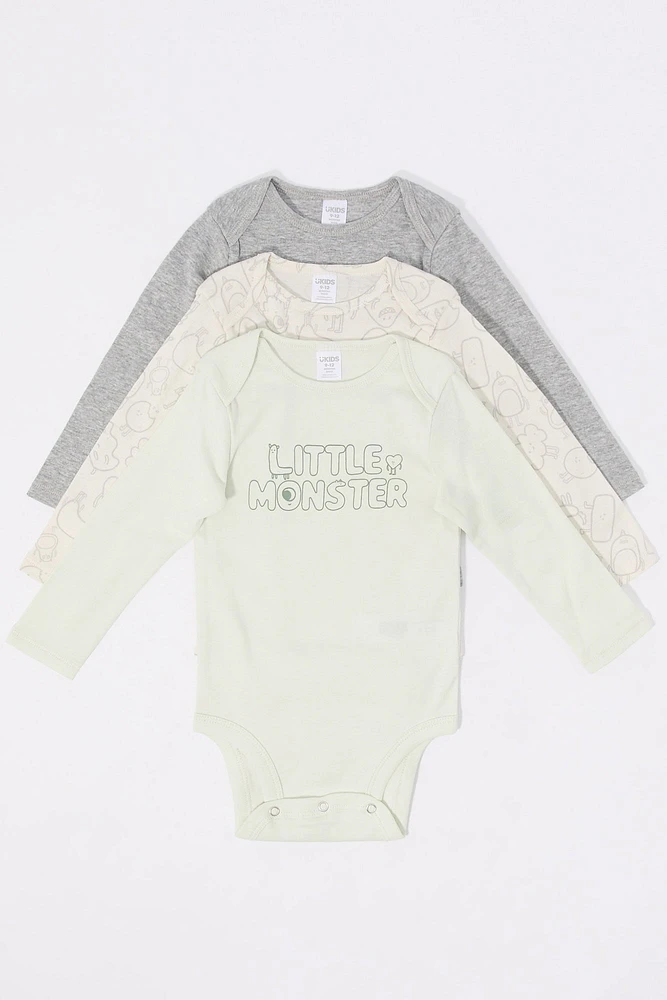 Combinaison à manches longues avec imprimé Little Monster pour bébé (Paquet de 3)