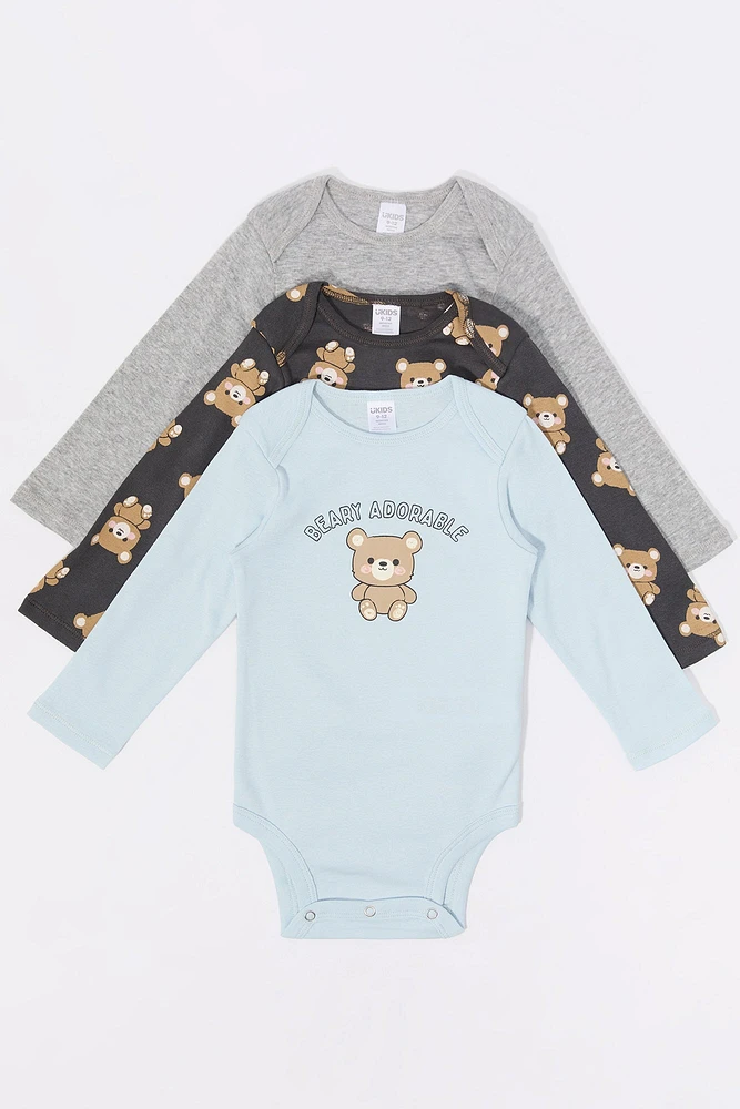 Combinaison à manches longues avec imprimé Beary Adorable pour bébé (Paquet de 3)