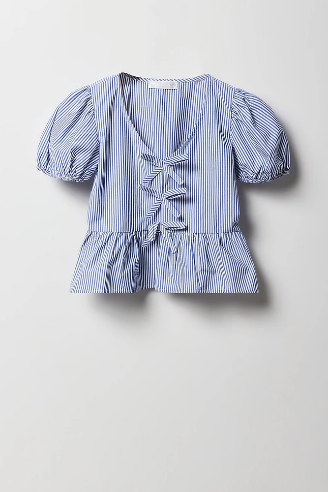 Girls Ribbon Front Puff Sleeve Top