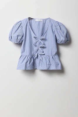 Girls Ribbon Front Puff Sleeve Top