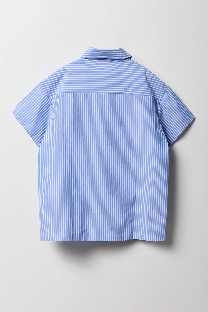 Girls Oversized Striped Button-Up Short Sleeve Top