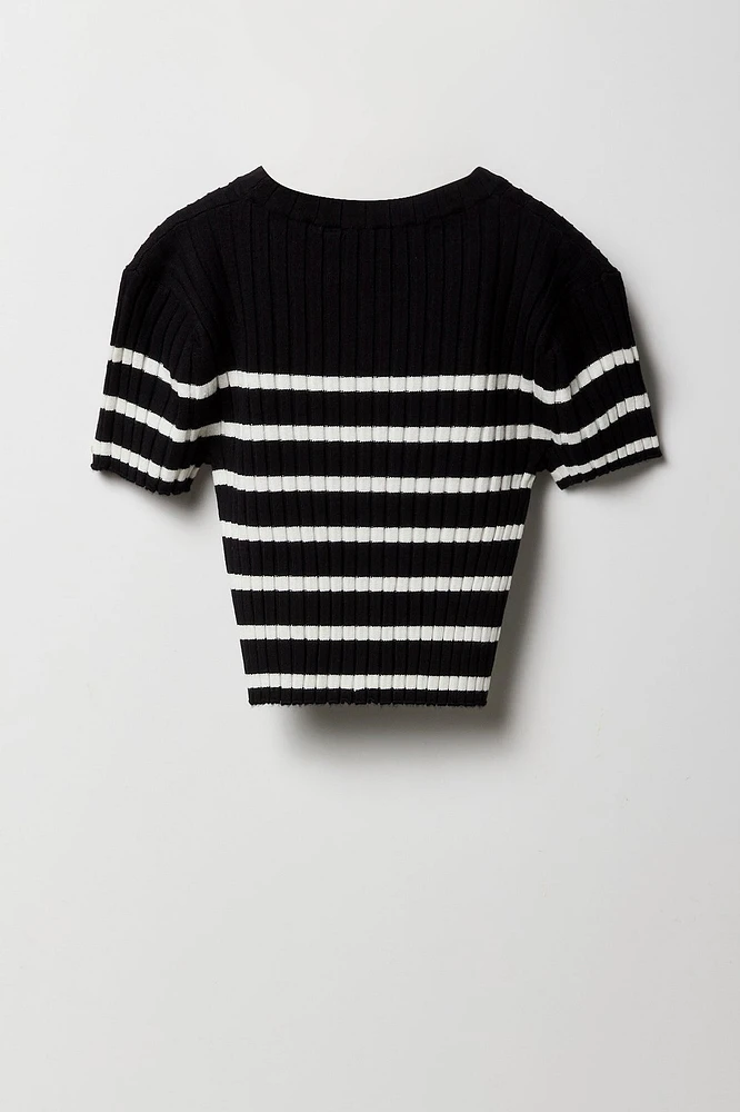 Girls Striped Ribbed Knit T-Shirt