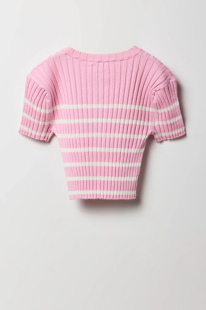 Girls Striped Ribbed Knit T-Shirt
