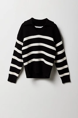 Girls Striped Knit Collared Sweater