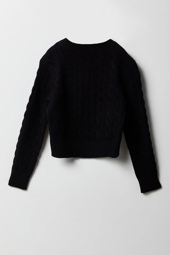 Girls Cable Knit Embroidered Sweater