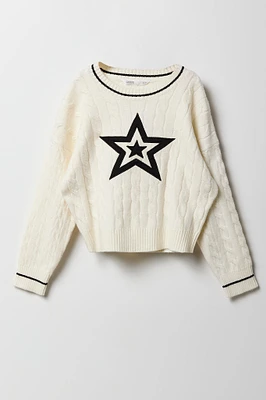 Girls Cable Knit Contrast Embroidered Sweater