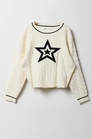 Girls Cable Knit Contrast Embroidered Sweater