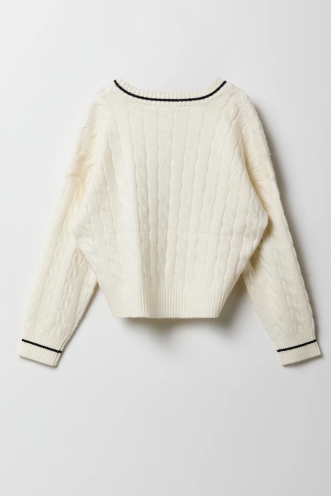 Girls Cable Knit Contrast Embroidered Sweater