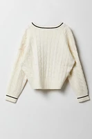 Girls Cable Knit Contrast Embroidered Sweater