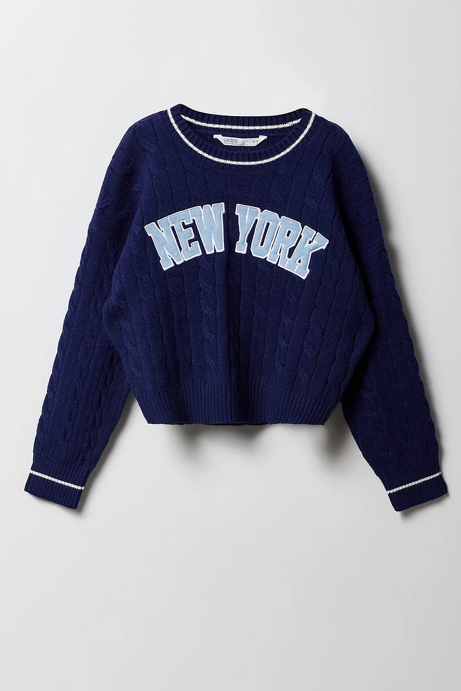 Girls Cable Knit Contrast Embroidered Sweater