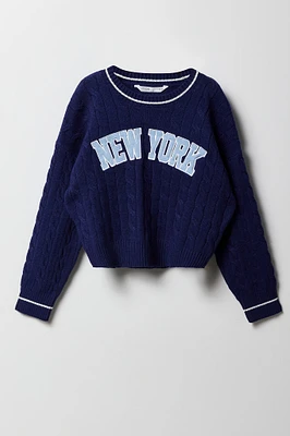 Girls Cable Knit Contrast Embroidered Sweater