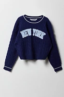 Girls Cable Knit Contrast Embroidered Sweater