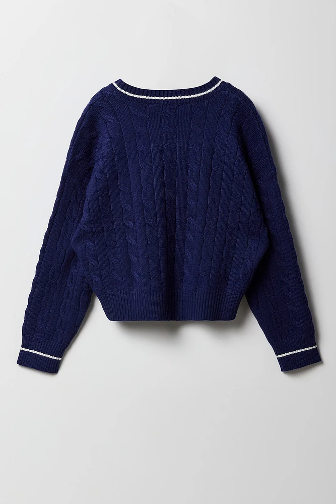 Girls Cable Knit Contrast Embroidered Sweater