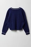 Girls Cable Knit Contrast Embroidered Sweater