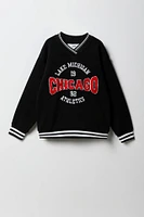 Girls Oversized Chenille Embroidered Fleece V-Neck Sweatshirt