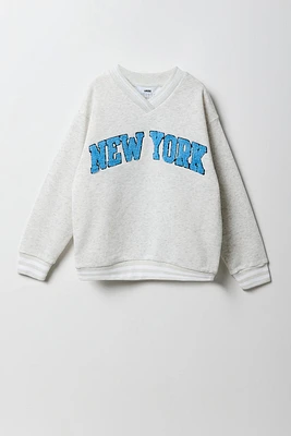 Girls Oversized Chenille Embroidered Fleece V-Neck Sweatshirt