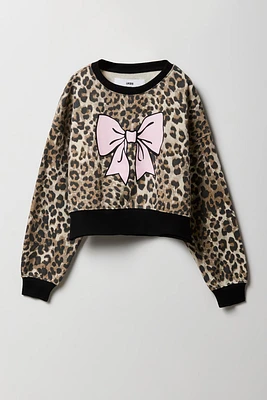 Girls Cheetah Print Bow Graphic Fleece Sweatshirt