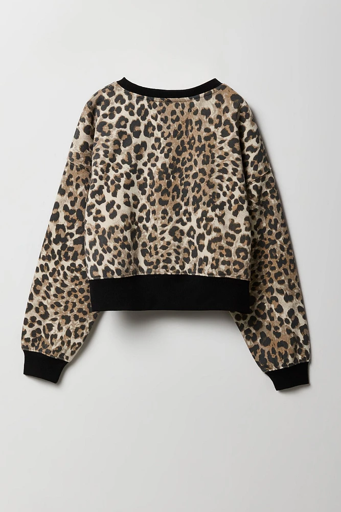 Girls Cheetah Print Bow Graphic Fleece Sweatshirt