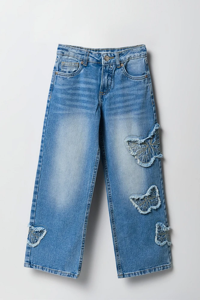 Jean Ã  jambe large avec motif brodÃ© Papillon et franges pour fille