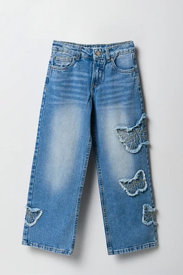 Jean Ã  jambe large avec motif brodÃ© Papillon et franges pour fille