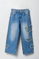 Girls Frayed Butterfly Embroidered Wide Leg Jean