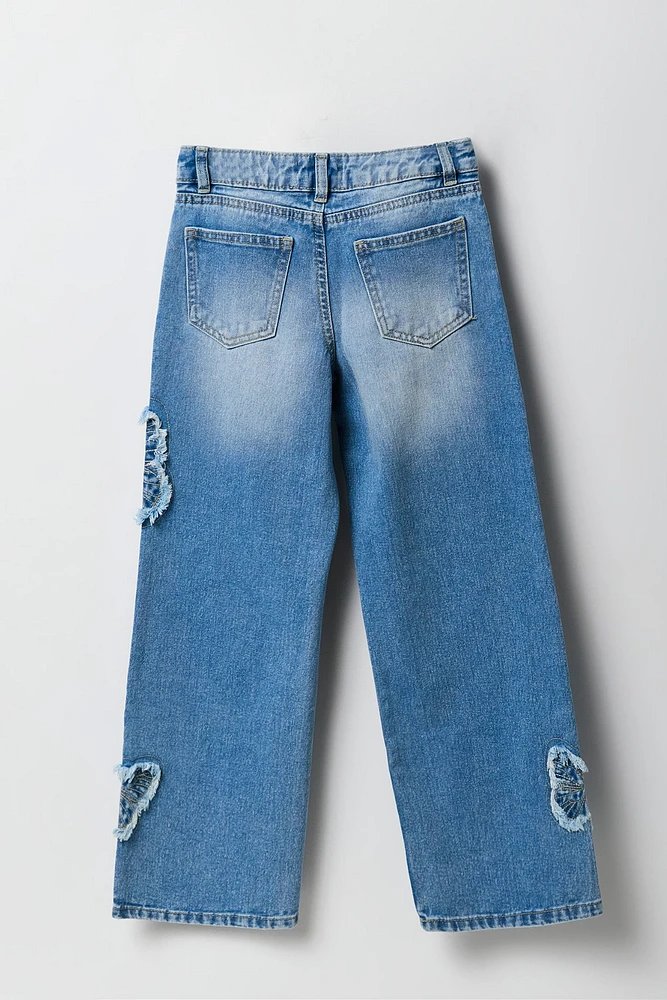 Girls Frayed Butterfly Embroidered Wide Leg Jean