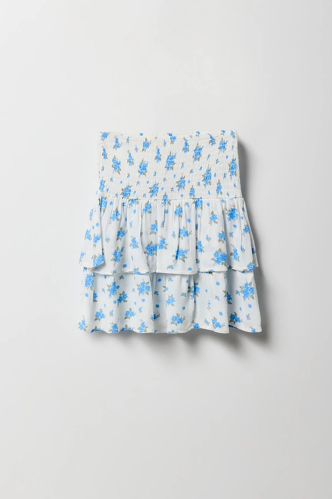 Jupe-short volantée smockée fleurie pour fille