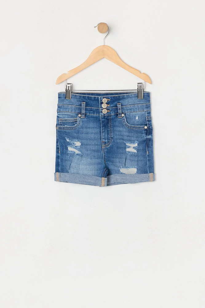 Girls Stacked Waist Distressed Denim Short