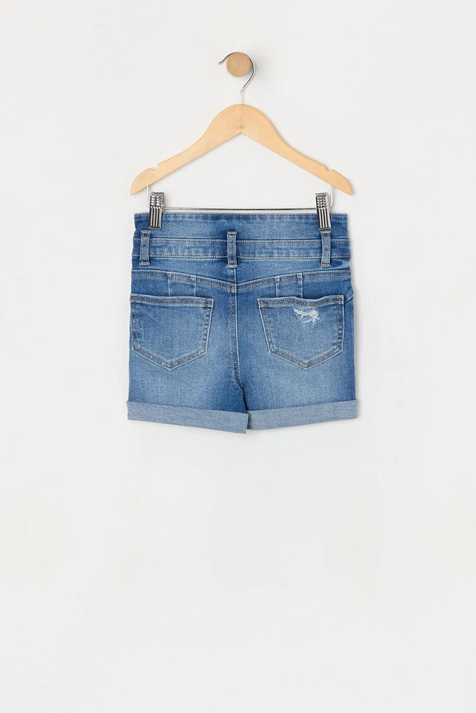 Girls Stacked Waist Distressed Denim Short